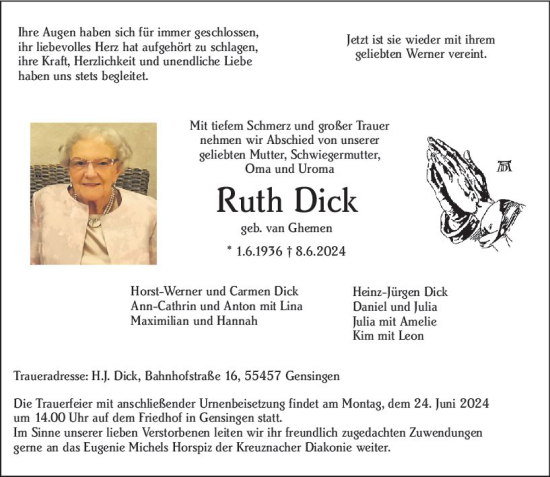 Traueranzeige von Ruth Dick von Allgemeine Zeitung Bingen/Ingelheim
