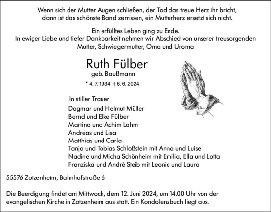 Traueranzeige von Ruth Fülber von Allgemeine Zeitung Bingen/Ingelheim