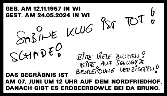 Traueranzeige von Sabine Klug von Wiesbadener Kurier