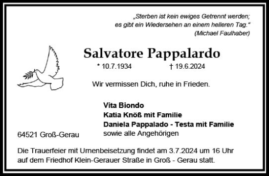 Traueranzeige von Salvatore Pappalardo von Groß-Gerauer Echo