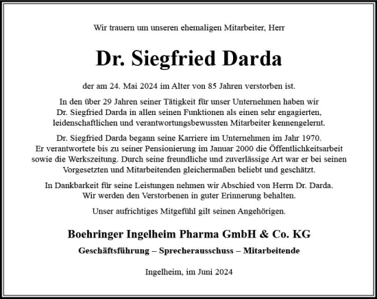 Traueranzeige von Siegfried Darda von Allgemeine Zeitung Bingen/Ingelheim