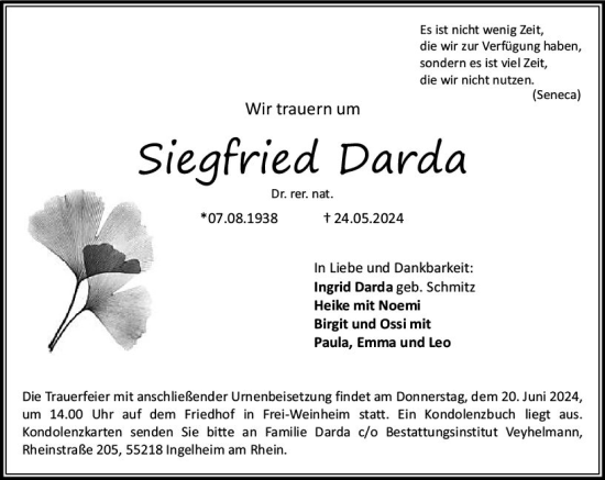 Traueranzeige von Siegfried Darda von Allgemeine Zeitung Bingen/Ingelheim