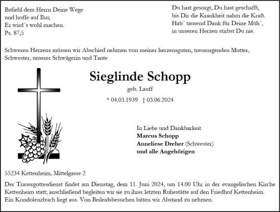 Traueranzeige von Sieglinde Schopp von Allgemeine Zeitung Alzey