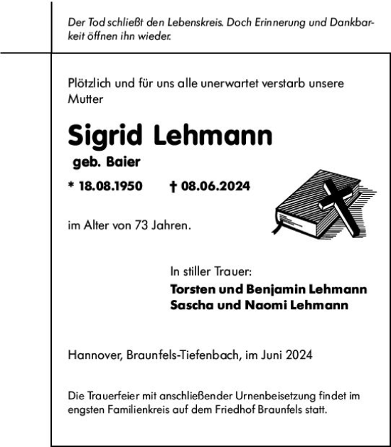 Traueranzeige von Sigird Lehmann von Wetzlarer Neue Zeitung