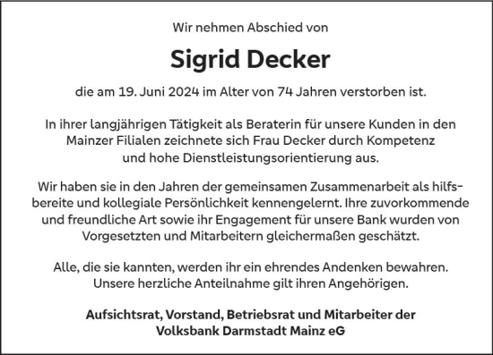 Traueranzeige von Sigrid Decker von Allgemeine Zeitung Mainz