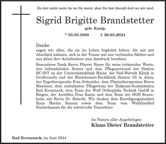 Traueranzeige von Sigrid Brigitte Brandstetter von Allgemeine Zeitung Bad Kreuznach