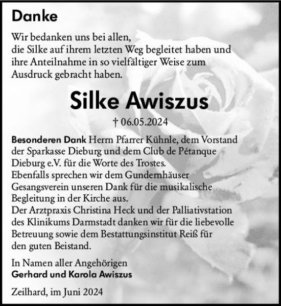 Traueranzeige von Silke Awiszus von Darmstädter Echo