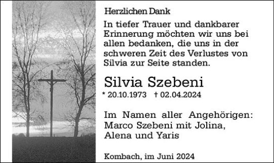 Traueranzeige von Silvia Szebeni von Hinterländer Anzeiger