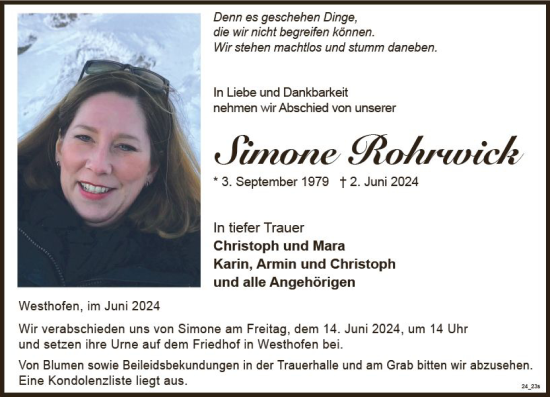 Traueranzeige von Simone Rohrwick von Wormser Zeitung