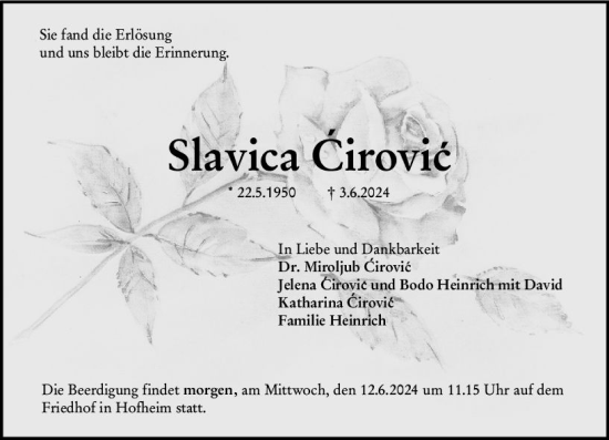 Traueranzeige von Slavica Cirovic von Starkenburger Echo