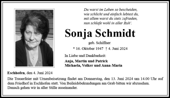 Traueranzeige von Sonja Schmidt von Nassauische Neue Presse