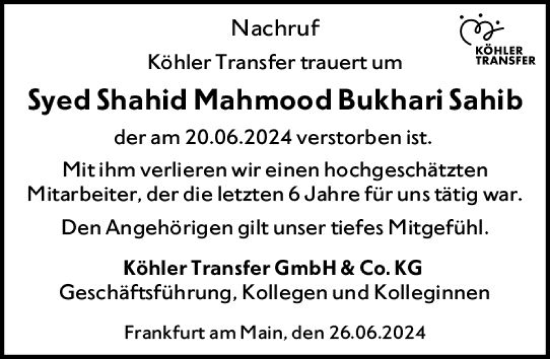 Traueranzeige von Syed Shahid Mahmood Bukhari Sahib von Darmstädter Echo