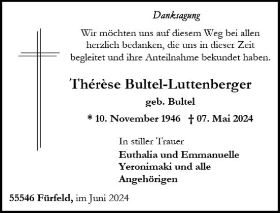 Traueranzeige von Therese Bultel-Luttenberger von Allgemeine Zeitung Mainz