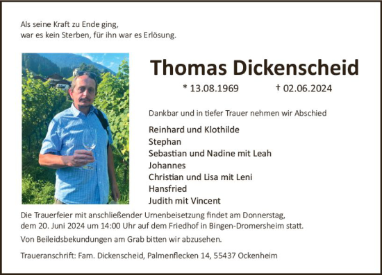 Traueranzeige von Thomas Dickenscheid von Allgemeine Zeitung Bingen/Ingelheim