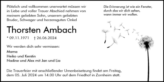 Traueranzeige von Thorsten Ambach von Allgemeine Zeitung Mainz