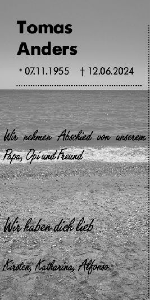Traueranzeige von Tomas Anders von Wetzlarer Neue Zeitung