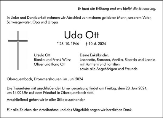 Traueranzeige von Udo Ott von Wetzlarer Neue Zeitung