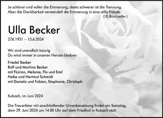 Traueranzeige von Ulla Becker von Weilburger Tageblatt