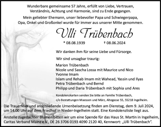 Traueranzeige von Ulli Trübenbach von Allgemeine Zeitung Bingen/Ingelheim