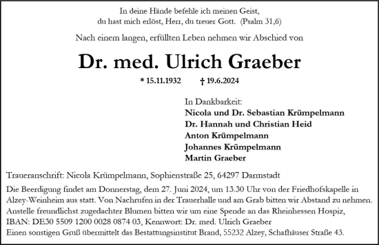 Traueranzeige von Ulrich Graeber von Allgemeine Zeitung Alzey