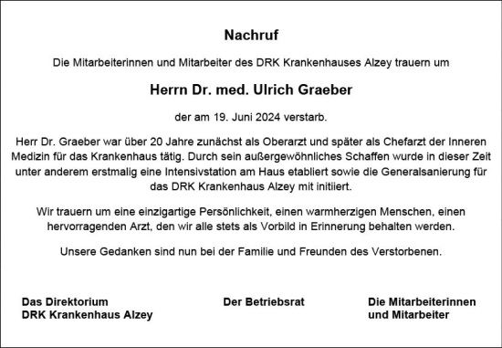 Traueranzeige von Ulrich Graeber von Allgemeine Zeitung Alzey