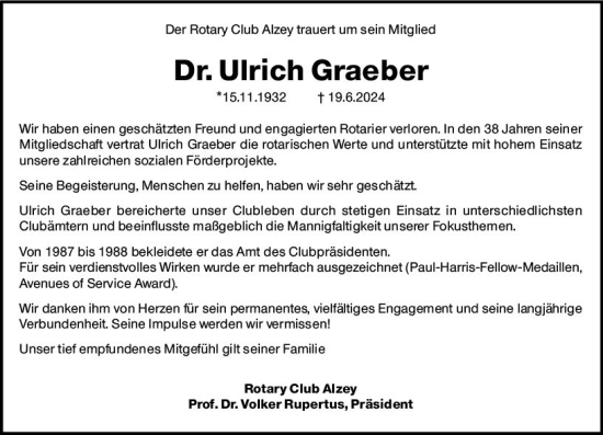 Traueranzeige von Ulrich Graeber von Allgemeine Zeitung Alzey