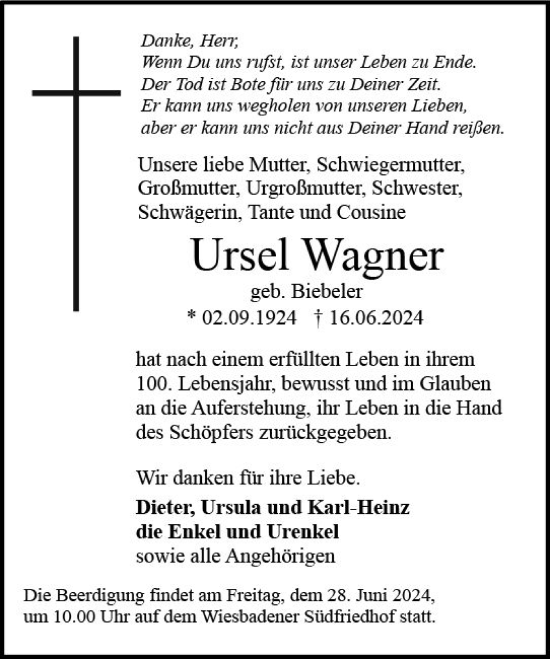 Traueranzeige von Ursel Wagner von Wiesbadener Kurier