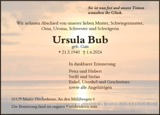 Traueranzeige von Ursula Bub von Allgemeine Zeitung Mainz