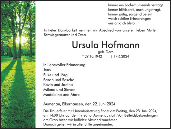 Traueranzeige von Ursula Hofmann von Weilburger Tageblatt
