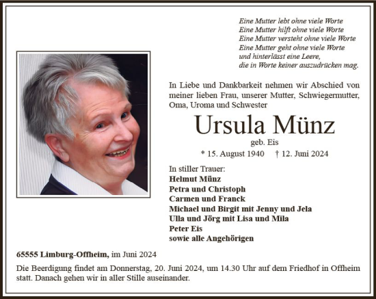 Traueranzeige von Ursula Münz von Nassauische Neue Presse