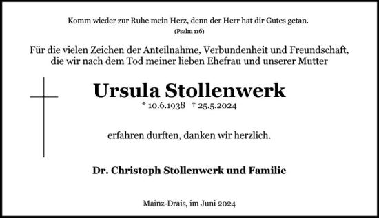 Traueranzeige von Ursula Stollenwerk von Allgemeine Zeitung Mainz