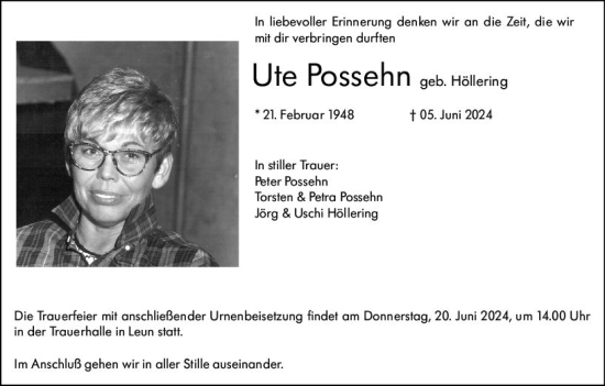 Traueranzeige von ute Possehn von Wetzlarer Neue Zeitung