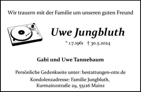 Traueranzeige von Uwe Jungbluth von Allgemeine Zeitung Mainz