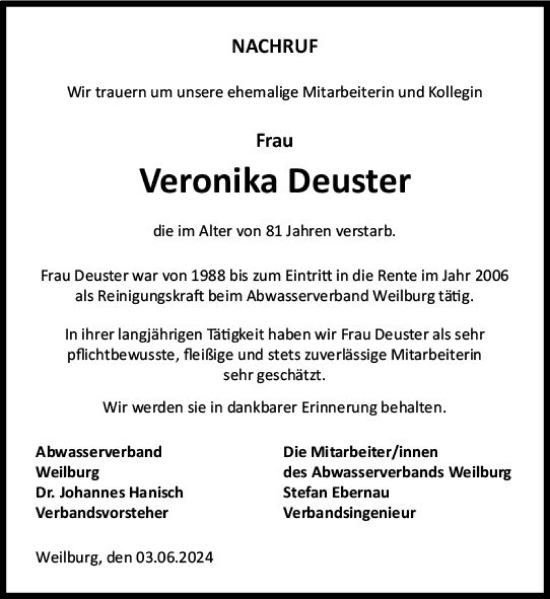 Traueranzeige von Veronika Deuster von Weilburger Tageblatt