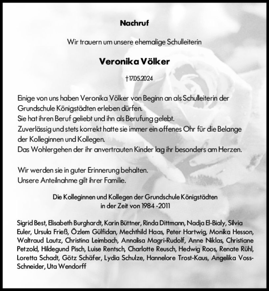 Traueranzeige von Veronika Völker von Rüsselsheimer Echo
