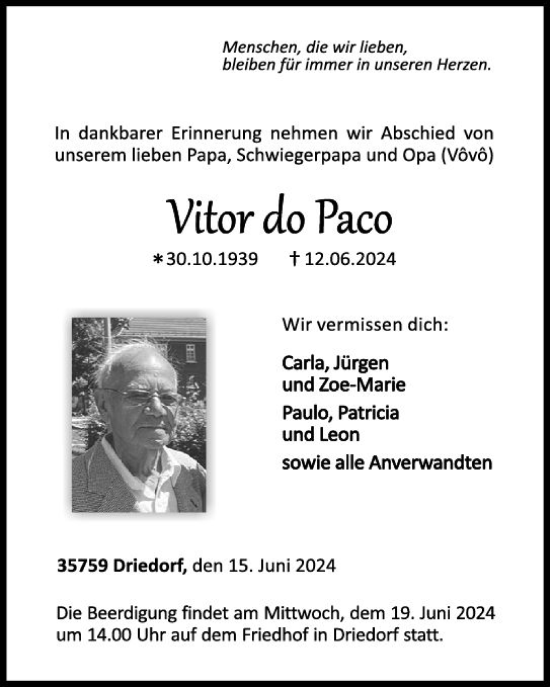 Traueranzeige von Vitor do Paco von Dill Block