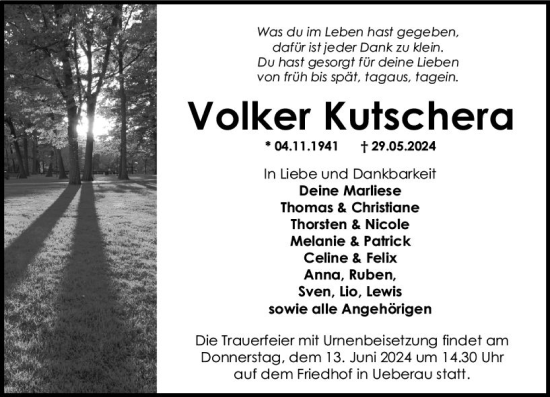 Traueranzeige von Volker Kutschera von Darmstädter Echo
