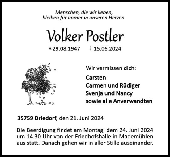 Traueranzeige von Volker Postler von Dill Block