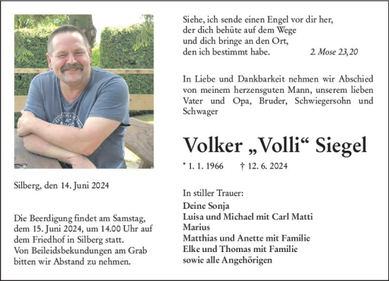Traueranzeige von Volker Siegel von Hinterländer Anzeiger