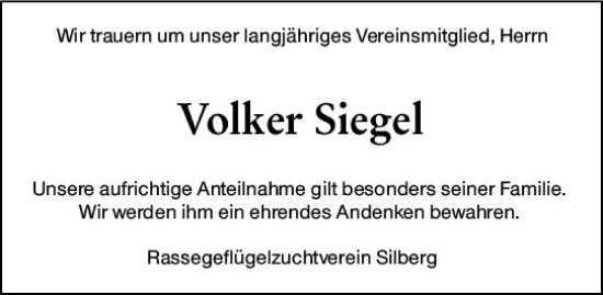 Traueranzeige von Volker Siegel von Hinterländer Anzeiger