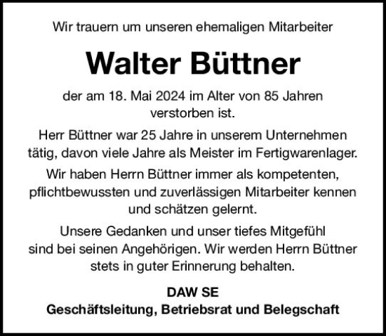 Traueranzeige von Walter Büttner von Darmstädter Echo