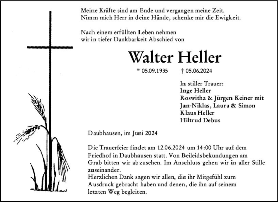 Traueranzeige von Walter Heller von Wetzlarer Neue Zeitung