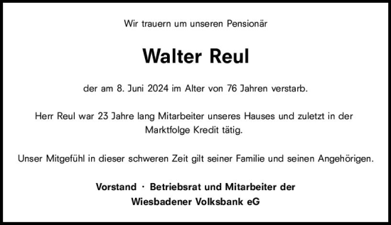 Traueranzeige von Walter Reul von Wiesbadener Kurier