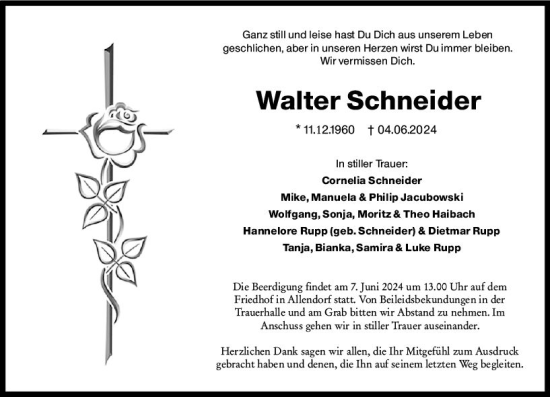 Traueranzeige von Walter Schneider von Wetzlarer Neue Zeitung