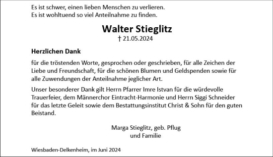 Traueranzeige von Walter Stieglitz von Wiesbadener Kurier