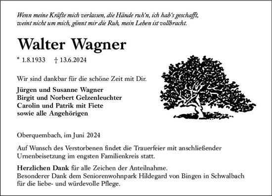 Traueranzeige von Walter Wagner von Wetzlarer Neue Zeitung