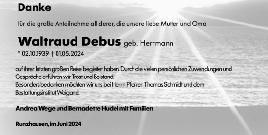 Traueranzeige von Waltraud Debus von Hinterländer Anzeiger