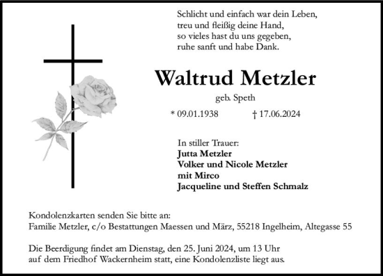 Traueranzeige von Waltrud Metzler von Allgemeine Zeitung Bingen/Ingelheim
