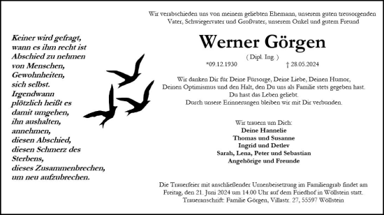Traueranzeige von Werner Görgen von Allgemeine Zeitung Alzey