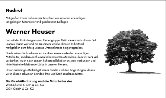 Traueranzeige von Werner Heuser von Weilburger Tageblatt